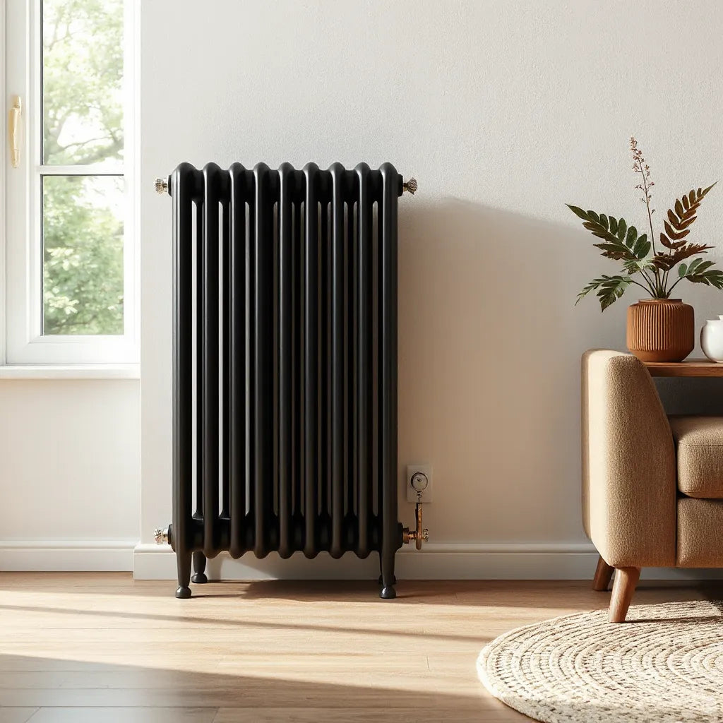 Black oil filled radiator next to a window in a warmly lit living room for steady home heating