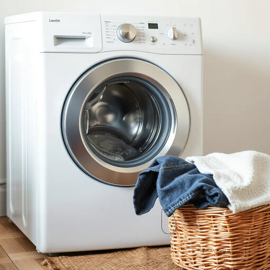 Softly lit washing machine with folded fabrics nearby for gentle fabric care.