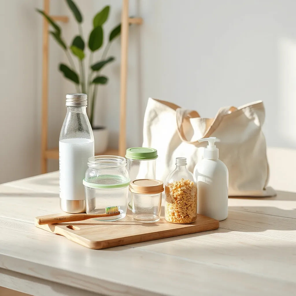 Reusable bottles and containers, bamboo personal care items, and a tote bag on a wooden table with a small plant