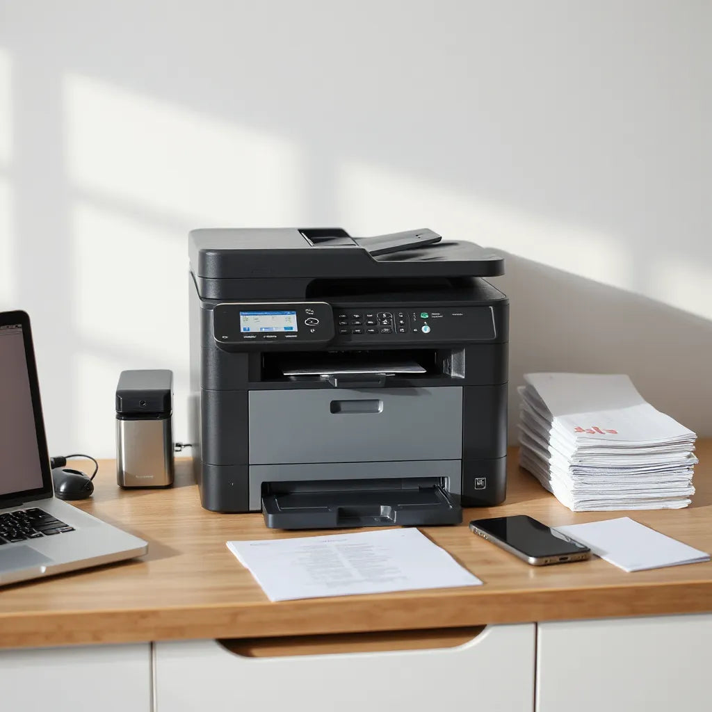 Compact multifunction printer on a desk beside a laptop, with stacked papers for print, scan, and copy.