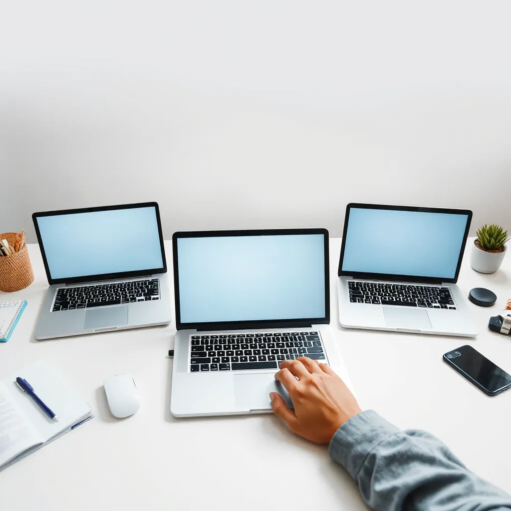 Budget laptops open on a desk with soft natural light, showing keyboards and screens