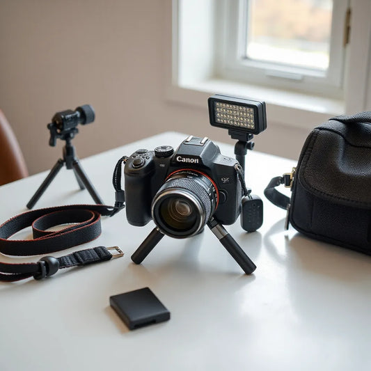 Compact camera with beginner-friendly accessories like tripod, battery, memory card, light, and a camera bag