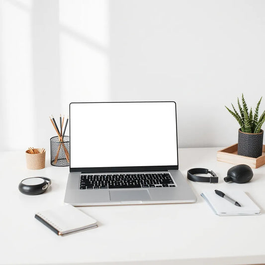 Lightweight laptop ready for online learning on a tidy desk with minimal study accessories