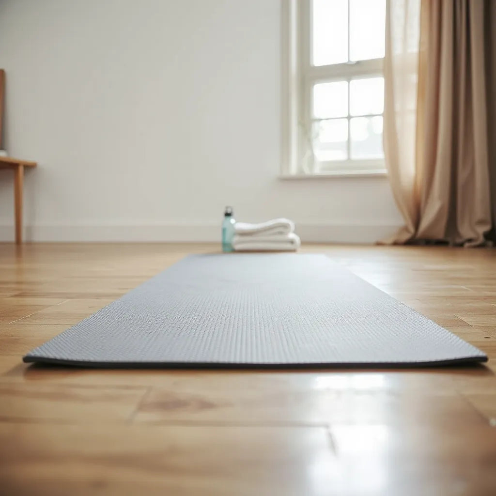 Non-slip yoga mat with textured grip on a studio floor under soft natural light