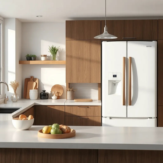 Modern refrigerator in a bright kitchen with a visible control panel and energy-efficient design.