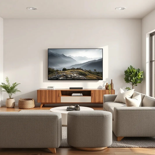 Modern living room with a 65-inch smart TV showing a crisp 4K home theater scene