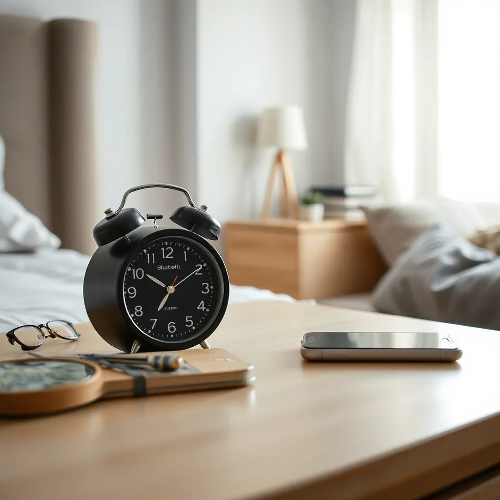 Bluetooth-enabled alarm clock on a bedside table with a smartphone nearby for seamless pairing