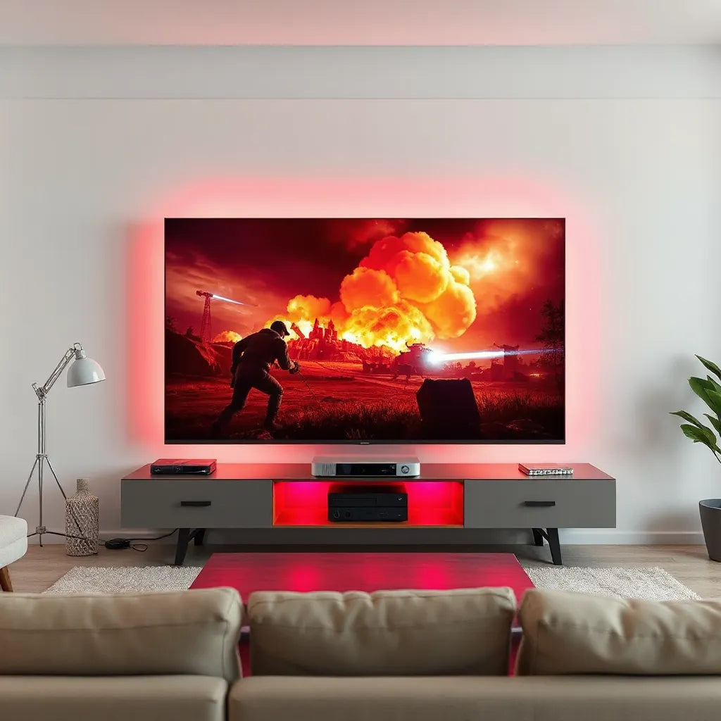 Modern TV displaying vibrant HDR game lighting with gaming console and low-lag setup in a clean living room