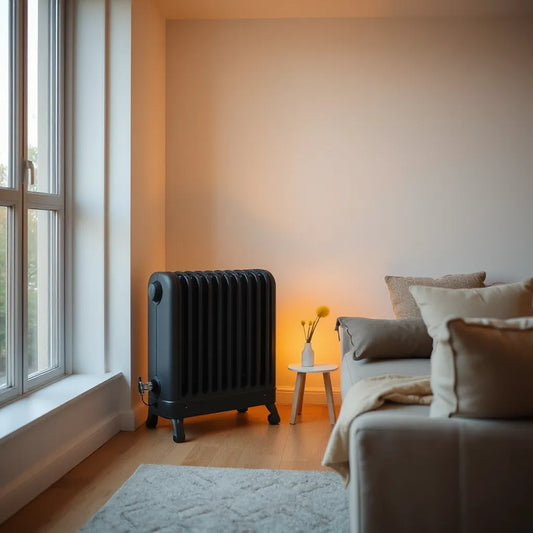 Sleek black heating appliance providing warm light in a modern living room near a window