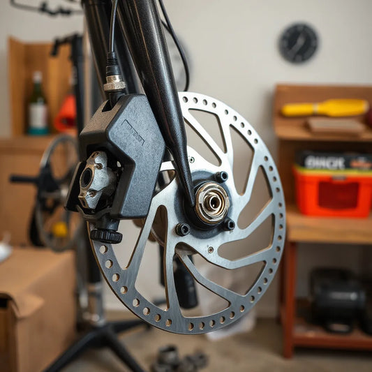 Bicycle disc brake rotor and caliper in sharp focus, highlighting safe braking components and alignment.