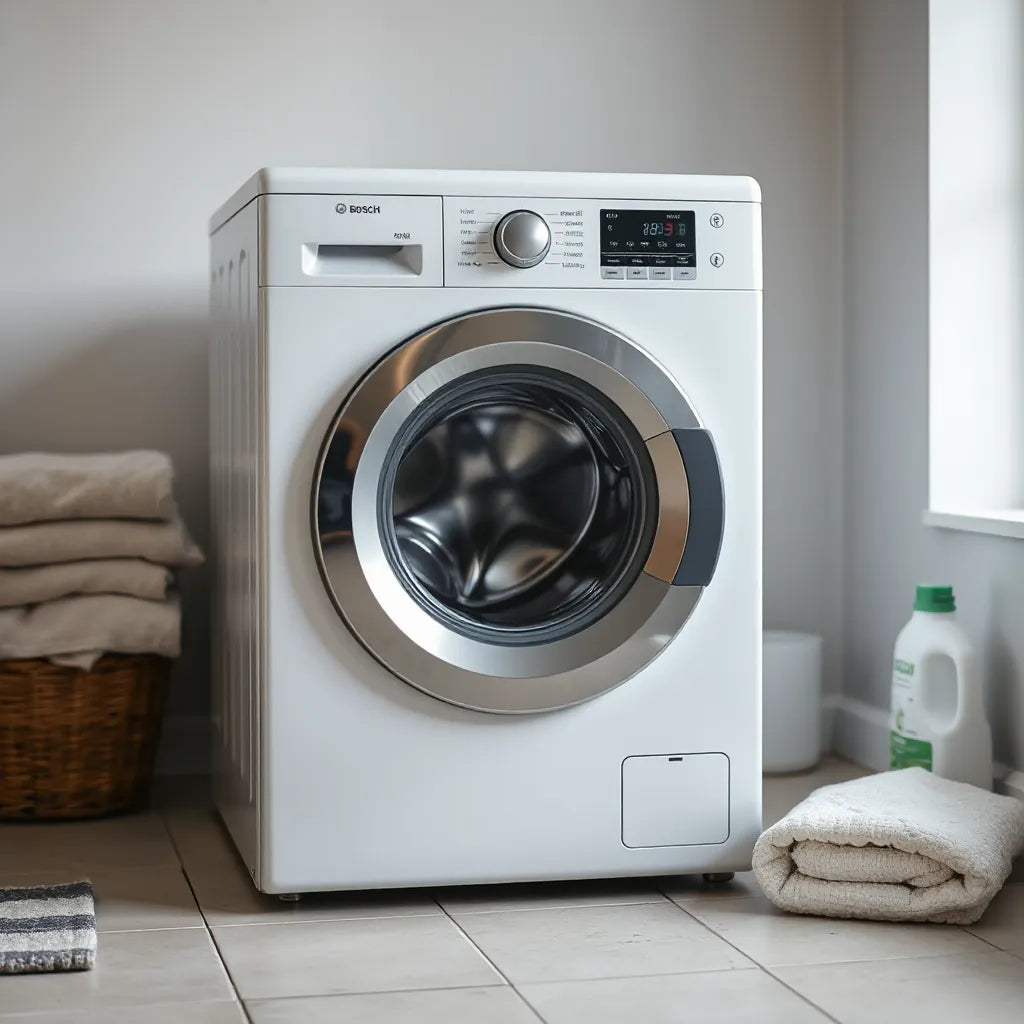 Modern front-loading washing machine with visible door glass in a clean laundry room setting