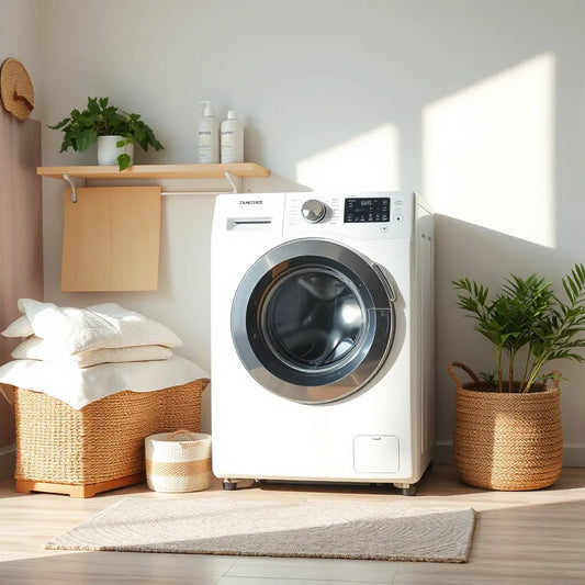 Front-load washing machine in a clean laundry room with soft natural light and neatly arranged essentials