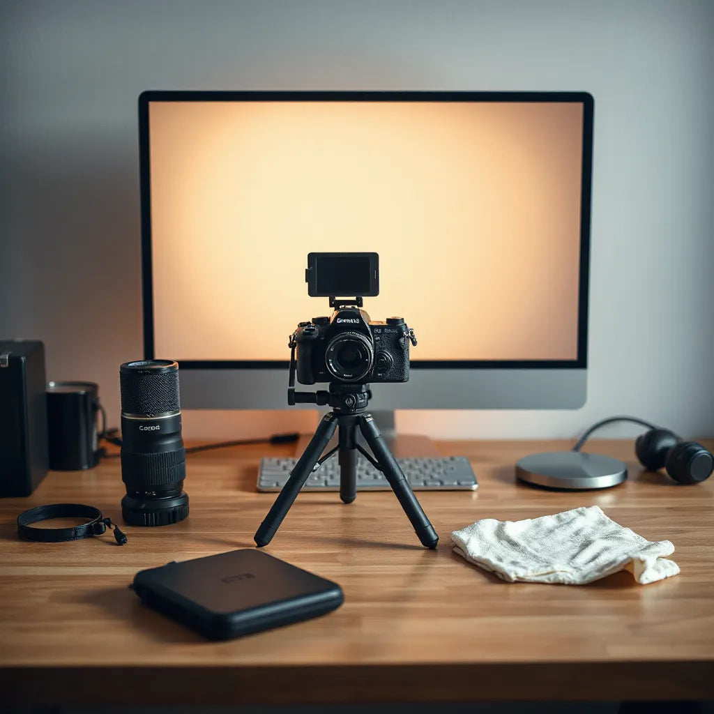 Mirrorless camera and creator accessories set up on a desk for photo and video content