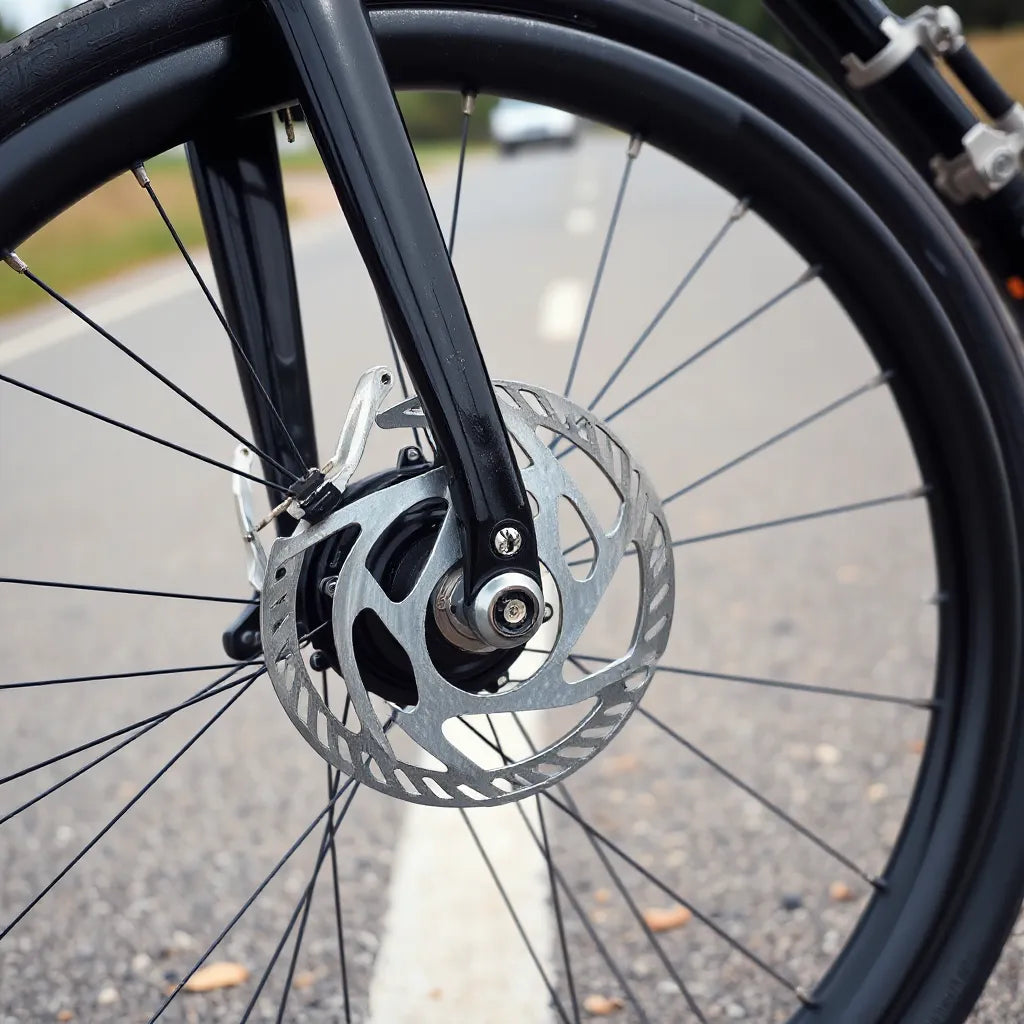 Bicycle wheel and fork showing dual disc brake rotors and brake calipers for strong stopping control