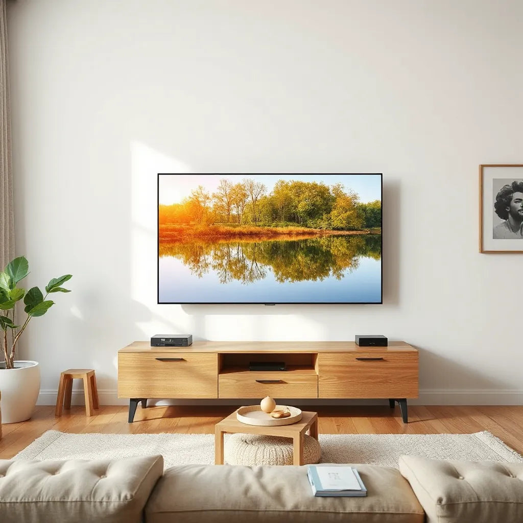 Large 65 inch flat-screen TV in a modern living room with a crisp 4K scene on screen