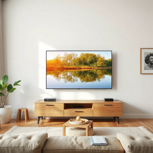 Large 65 inch flat-screen TV in a modern living room with a crisp 4K scene on screen