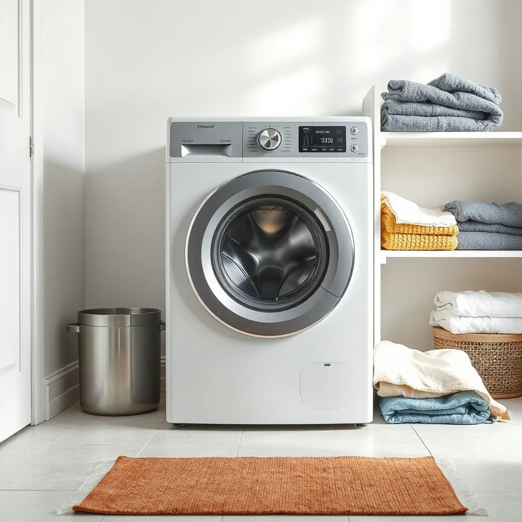 Modern front-load washing machine with neatly folded laundry items in a bright, clean laundry room