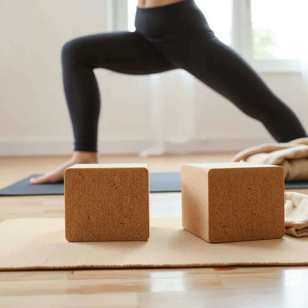 Yoga blocks on a mat with a beginner practicing a supported pose for better alignment