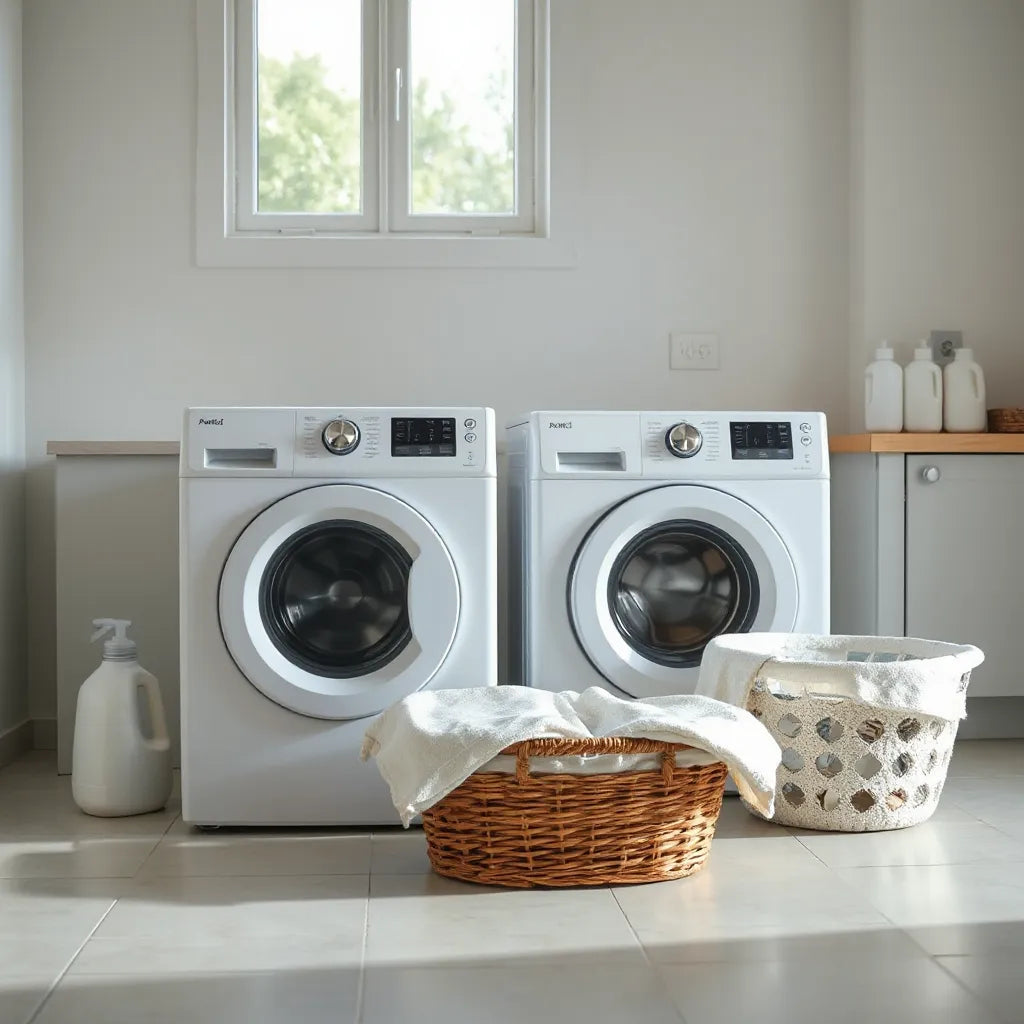 Two modern front-load washing machines with neatly folded towels in a bright laundry room