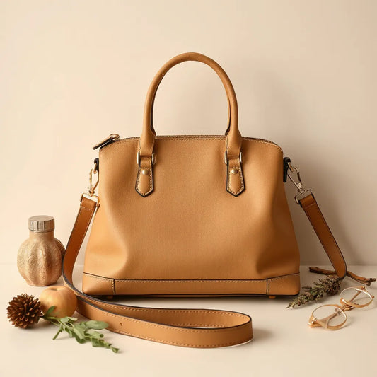 Structured women’s handbag with visible stitching and sturdy zipper hardware on a neutral background