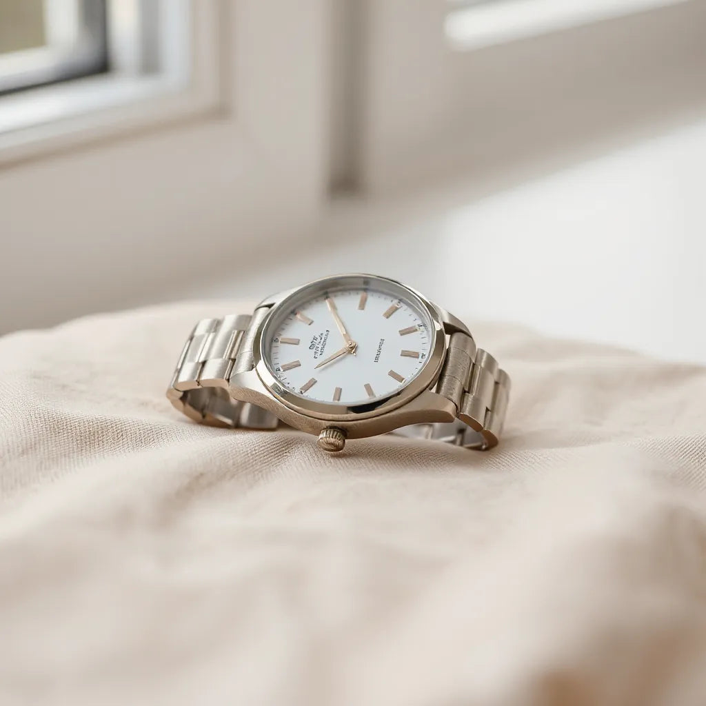 Bracelet-style wristwatch with metal links and clean dial on a neutral fabric background