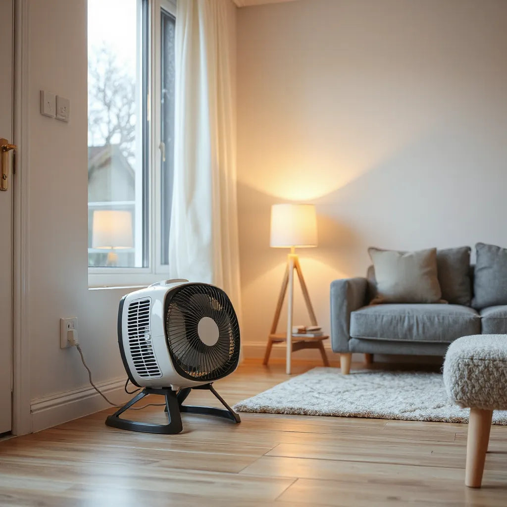 Compact electric PTC fan heater providing warm airflow in a bright, modern living room