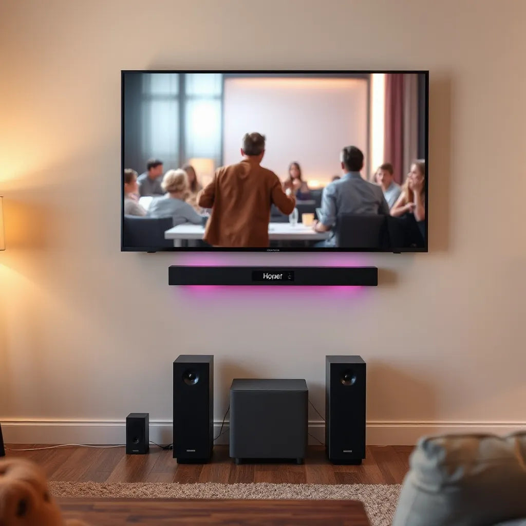 Home theater setup with TV and soundbar plus surrounding speakers for immersive surround sound listening