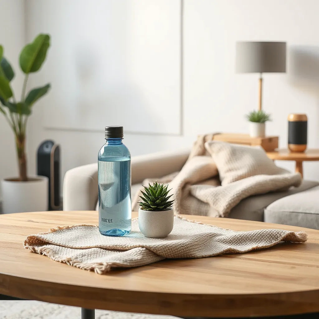 Modern living room with minimalist lifestyle items, cozy textiles, and a sleek smart home device