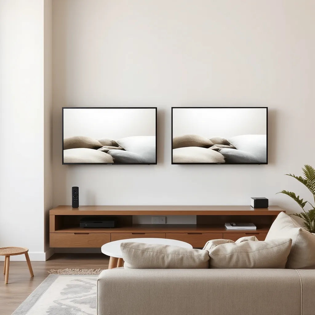 Two modern smart TVs in a clean living room, ready for comparing picture and smart features