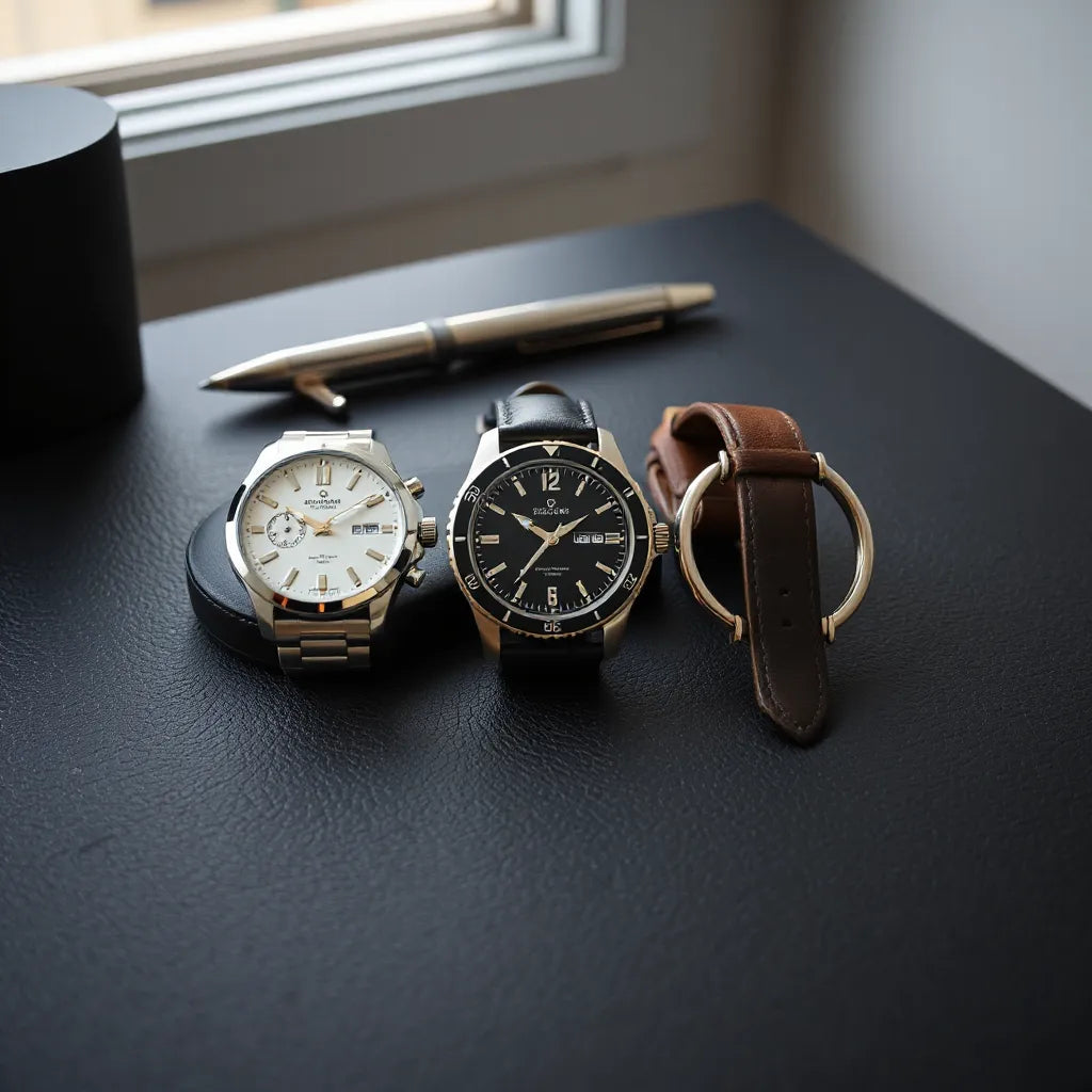 Three men’s formal wristwatches with metal and leather straps arranged on dark leather