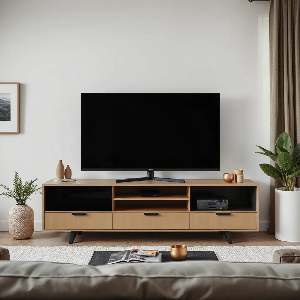 Slim black flat-screen TV in a modern living room, surrounded by minimalist decor for a clean setup