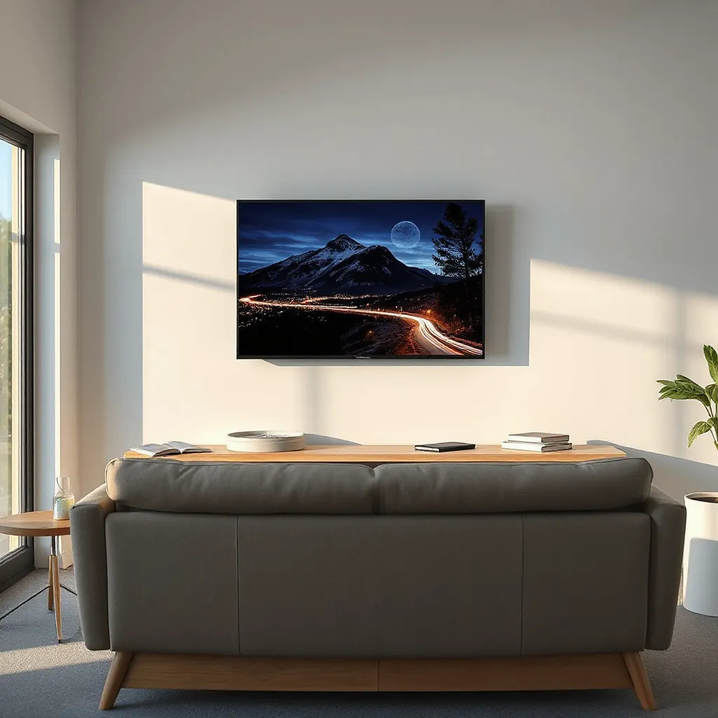 Slim OLED TV mounted in a modern living room with cinematic high-contrast display