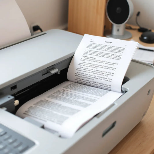 Monochrome printed pages with crisp black ink output resting in a printer tray under soft neutral light