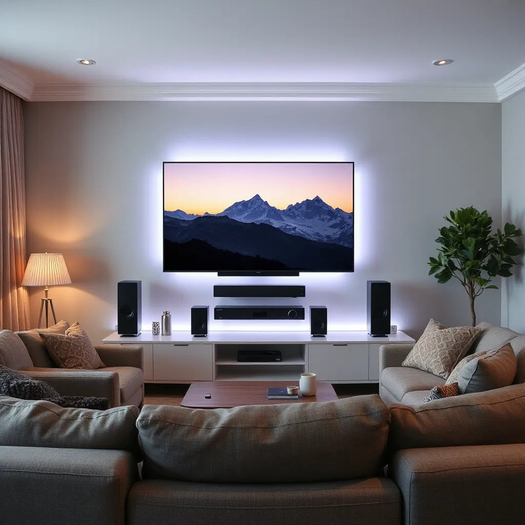 Modern living room home theater setup with TV, soundbar, and surround speakers