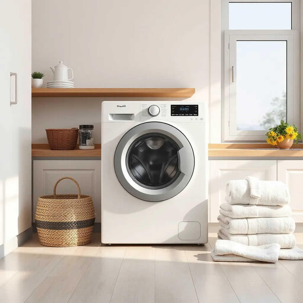 Modern washing machine in a bright laundry room with neatly folded towels nearby