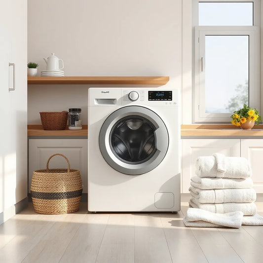 Modern washing machine in a bright laundry room with neatly folded towels nearby