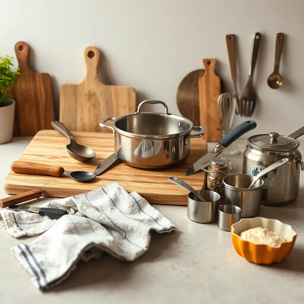 Cookware and tools neatly arranged on a kitchen counter for everyday home cooking