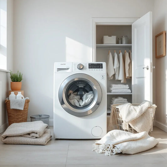 Modern high capacity washing machine with neatly loaded laundry in a bright laundry room