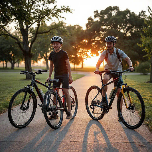 Teen and adult cyclists standing beside their bikes on a park path with helmets and clear wheel details