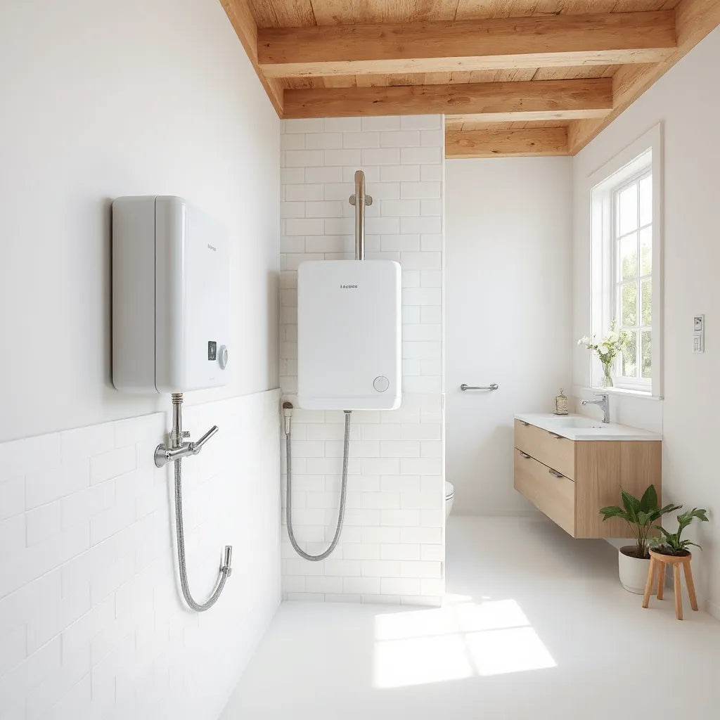 Wall-mounted bathroom water heater with connected pipes beside a shower in a clean modern bathroom