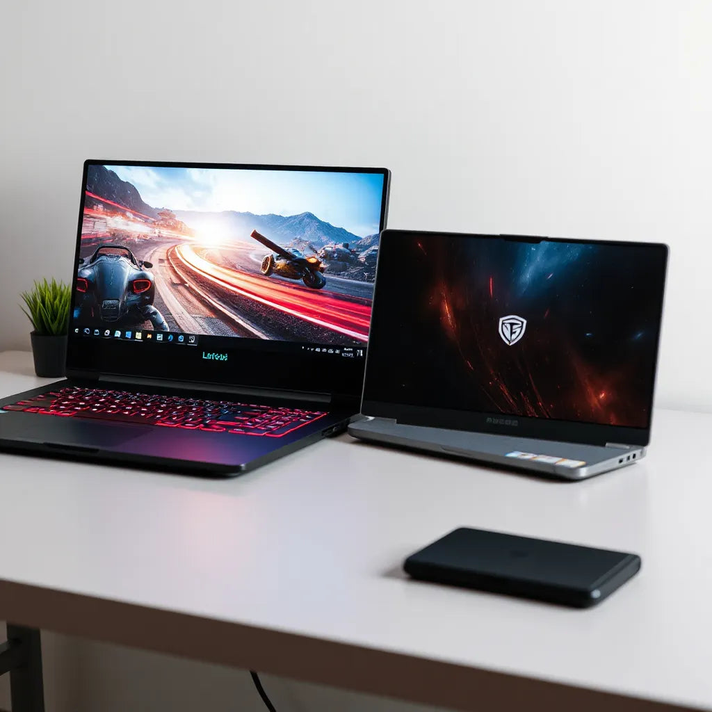 Two slim gaming laptops on a desk with visible cooling vents and RGB keyboard lighting