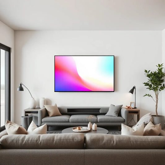 Wall-mounted smart TV in a modern living room showing a colorful home screen