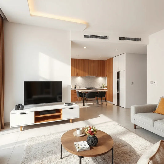 Sleek TV unit, modular kitchen cabinets, and built-in wardrobe in a modern Gurgaon home interior