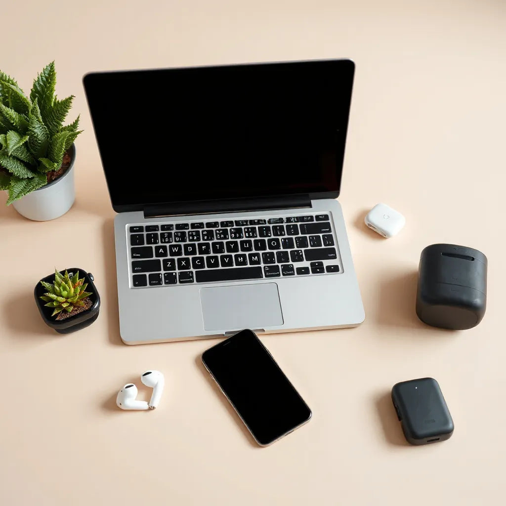 Modern tech gift setup on a desk with laptop, smartphone, smartwatch, and earbuds