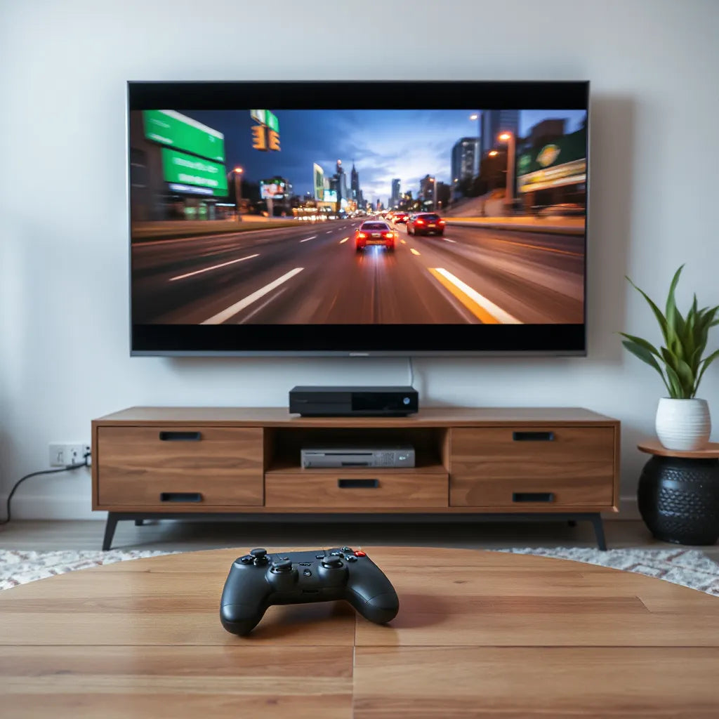 Gaming console and controller beside a large TV displaying a fast action game in a modern living room