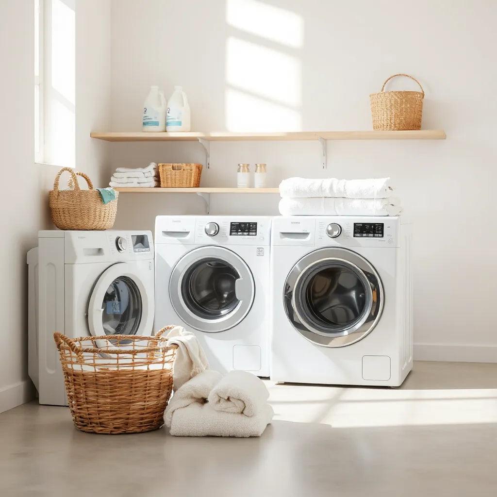 Modern front-load and top-load washing machines in a bright laundry room with neatly folded towels