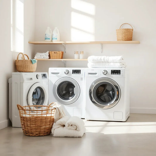 Modern front-load and top-load washing machines in a bright laundry room with neatly folded towels