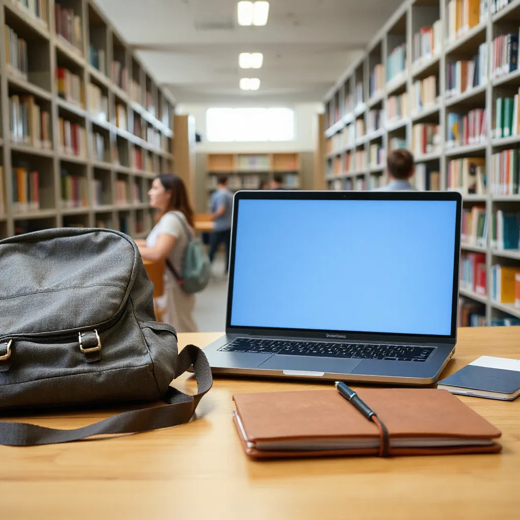 Slim laptop on a study desk in a campus library with a backpack and notebook nearby