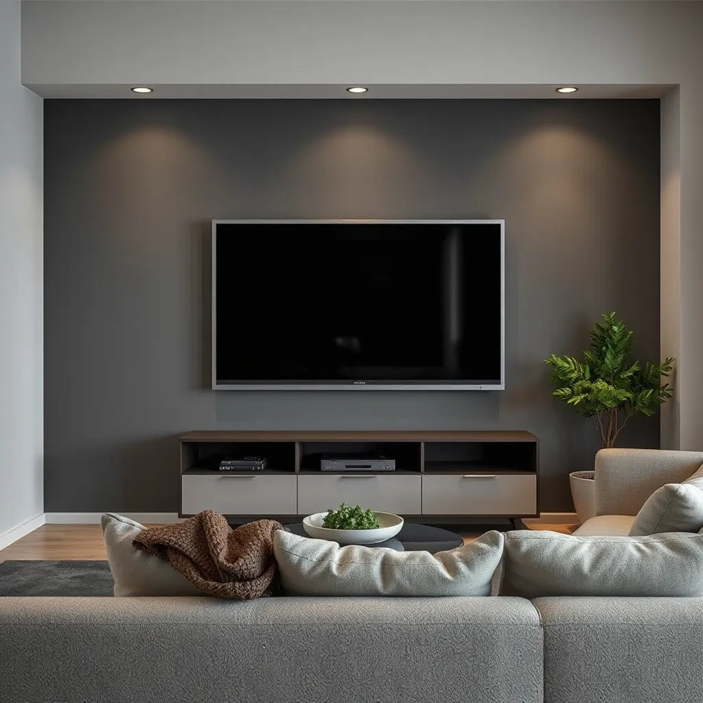 Wall-mounted OLED TV in a modern living room showing a cinematic dark scene