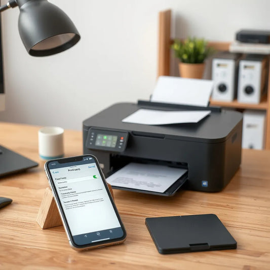 Smartphone wirelessly sending a print job to a compact printer on a tidy desk